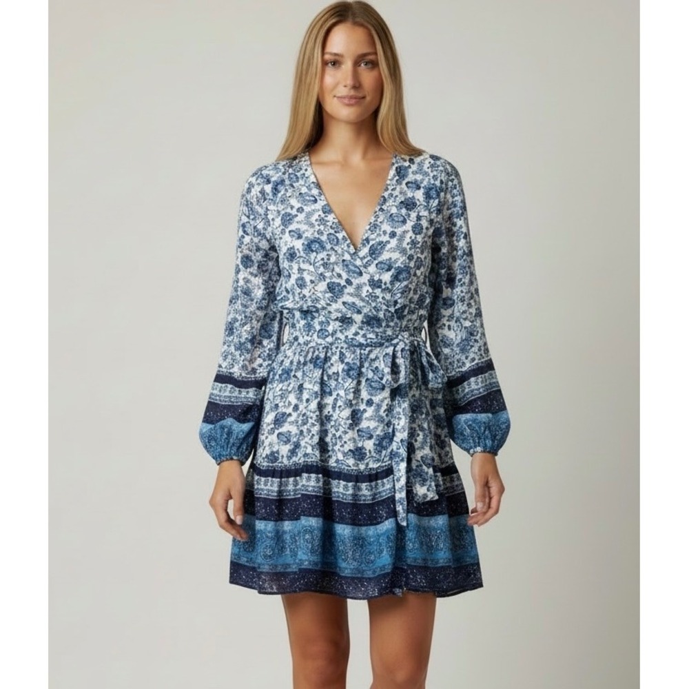 Japna Blue White Floral Boho Mini Dress Size Medium Long Sleeve Cottagecore